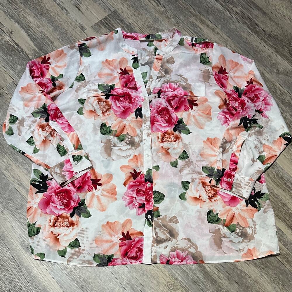 Calvin Klein Women's Watercolor Floral Blouse - V-Neck Roll-Tab Sleeve Size XXL
